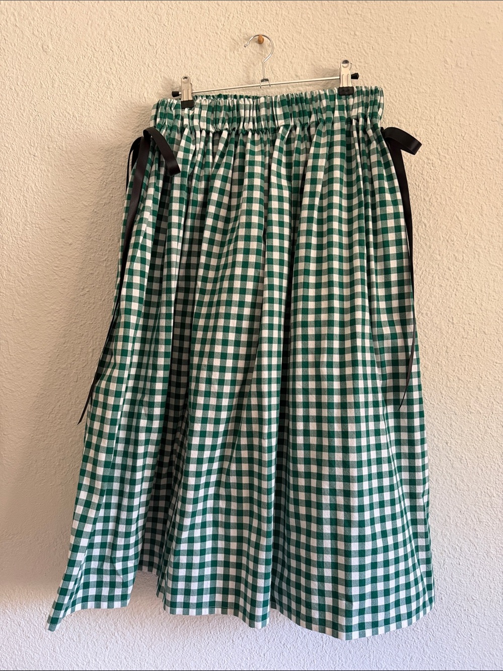 Green and White Gingham A-Line Skirt with Tie Detail